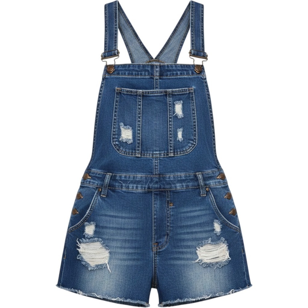 Blue Spice Womens Distressed Denim Short Overalls Dark Wash Ripped Size 13